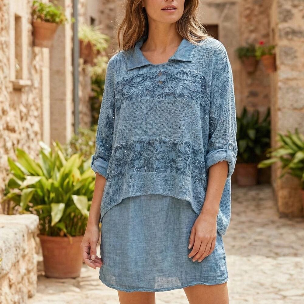 SCANDAL Italy double layer AKRAIA Blouse Sweater in indigo blue NWT